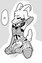 1boy anthro asriel_dreemurr asriel_dreemurr_(god_form) blush boss_monster bra caprine choker clothed clothing crossdressing elbow_gloves embarrassed equine_penis fingerless_gloves frown fur garter_belt garter_straps gloves goat half-closed_eyes horn kneeling legwear lingerie male male_only mammal markings monochrome pashoo penis simple_background skirt slit_pupils solo speech_bubble stockings undertale underwear unneeded_bra video_games