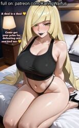 ai_generated ai_slop bed bedroom big_breasts black_heels black_high_heels black_lipstick black_tank_top black_thong black_topwear blonde blonde-haired_female blonde_female blonde_hair cheating cheating_female cheating_girlfriend cheating_wife dirty_talk heels high_heels karingwaifus lusamine_(pokemon) milf mommy mother netorare ntr pokemon seductive sitting sitting_on_bed tank_top text thong