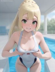 adjusting_swimsuit ai_generated beautiful_girl blonde_female bubble_butt flat_chest green_eyes heavenly_ass heavenly_body lillie_(pokemon) petite_female pokemon pool pretty_face sexy sexy_pose slim_female slim_waist slutty_body slutty_female swimsuit temptation tempting_viewer