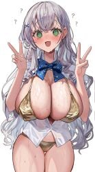 :d bikini bikini_under_clothes blush breasts cleavage double_v fat_tits gold_bikini golden_bikini golden_week green_eyes hololive huge_breasts hypnosis looking_at_viewer mind_control no_skirt open_clothes open_mouth rumresn school_uniform see-through_clothing shirogane_noel short_hair silver_hair spiral_eyes sweat swimsuit unaware unbuttoned_shirt v virtual_youtuber wet_clothes