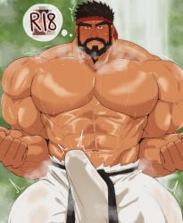 balls bara beard blush boner bulge capcom erection erection_under_clothes facial_hair kaeru333938123 male male_only martial_arts muscles muscular musk penis ryu_(street_fighter) shirtless solo solo_male street_fighter sweat sweating