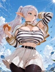 trinity_vermilion ai_generated frieren frieren_beyond_journey's_end 1girl pointy_ears striped_shirt elf breasts pantyhose solo striped_clothes skirt jewelry capelet twintails sky earrings green_eyes huge_breasts flower white_skirt navel white_capelet black_pantyhose food blue_sky petals alternate_breast_size long_hair belt cloud black_belt cleavage blue_flower eating wet outdoors bursting_breasts holding drop_earrings white_hair holding_food falling_petals day armpits parted_bangs thick_thighs dangle_earrings thighs midriff sun sunlight flower_field short_eyebrows shirt arm_up :t field cowboy_shot skindentation pleated_skirt doughnut looking_to_the_side closed_mouth curvy long_sleeves thick_eyebrows detached_sleeves crop_top wet_clothes