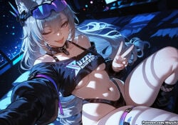 honkai:_star_rail honkai_(series) silver_wolf_(honkai:_star_rail) silver_wolf_(lv.999)_(honkai:_star_rail) miyuai ai_generated ai_assisted thick_thighs thick_ass thick thick_legs thick_hips thick_butt wide_hips wide_thighs voluptuous voluptuous_female curvy curvy_figure curvaceous curvy_female female breasts 1girl one_eye_closed long_hair animal_ears solo bare_shoulders eyewear_on_head smile thigh_strap rating:safe thighs tongue tongue_out navel stomach silver_hair looking_at_viewer v choker open_mouth highleg underboob midriff crop_top sitting shirt sunglasses black_choker night clothes_writing bangs very_long_hair hair_between_eyes large_breasts medium_breasts ;d off_shoulder long_sleeves latex