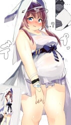 nimo22 nimo b45ui arknights purestream_(arknights) weight_gain before_and_after chubby_cheeks thin_to_fat big_breasts bulging_belly thick_thighs thick_arms blushing_at_another doctor_(arknights)