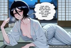 1girl ai_assisted ai_generated black_eyes black_hair bleach bleach:_the_thousand-year_blood_war exhausted fanning_self fatest_squirrel hair_between_eyes half-closed_eyes heavy_breathing kuchiki_rukia looking_at_viewer loose_clothes short_hair small_breasts sweat white_kimono