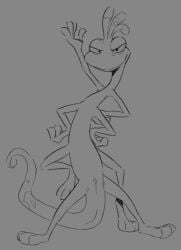 2018 animal_genitalia anthro digital_media_(artwork) disney flookz genital_slit genitals grey_background male monochrome monster monsters_inc multi_arm multi_limb nude pixar randall_boggs reptile scalie simple_background smile solo