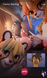 3d_(artwork) altelier_t anthro anus areola artist_logo balls bedroom big_balls big_penis blender_(artwork) blonde_hair bodily_fluids breasts brown_hair butt canid canine canis cheetah cowgirl_position crooked_smile cum cum_in_vagina cum_inside danny_sterling_(spitfire420007) digital_media_(artwork) elaine_miller_(spitfire420007) english_text felid feline female from_front_position genital_fluids genitals gesture giraffe giraffid group hair hand_gesture hand_on_butt hi_res jackal logo male male/female mammal multicolored_body multicolored_hair nataly_miller_(spitfire420007) nightshade_(kadath) nipples nude nude_anthro nude_female nude_male on_bottom on_top open_mouth patrick_(kadath) penetration penis phone_view pointing sex smile smiling_at_viewer tail text v_sign vaginal vaginal_penetration wolf