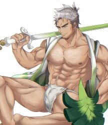 1boy abs balls bara beefy big_areola body_hair bulge bulge_through_clothing chest_hair climb_zombie crossed_legs daddy dilf flaccid forked_eyebrows fundoshi gay gijinka grey_hair hairy happi_(clothing) hi_res holding_object humanized japanese_clothes kurazon_(climb_zombie) leg_hair looking_away male male_breasts male_only manly mature_male middle_aged muscles muscular muscular_arms muscular_legs muscular_male muscular_thighs nintendo pecs penis pokemon rokushaku_fundoshi short_hair sirfetch'd sitting smile solo solo_male sword tough_guy vegetable white_background white_fundoshi yaoi
