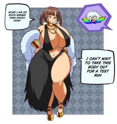 mankanshoku_mako kill_la_kill gigantic_breasts hyper thick_thighs wide_hips curvy voluptuous alternate_body_type breast_expansion ass_expansion smug feather_boa cocktail_dress shocked kiryuuin_ragyou black_dress