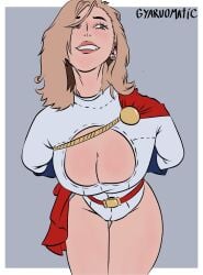 1girls big_breasts blonde_hair blue_eyes blue_gloves boob_window boobs boobs_focus breasts cape cleavage cleavage_cutout cosplay dc dc_comics earrings exclamation_point female female_only gloves grey_background grey_eyes gyaruomatic_(artist) hips hips_focus huge_breasts kara_zor-l karen_starr large_breasts leotard medium_hair missfaves pin_up power_girl power_girl_(cosplay) power_girl_cosplay_pose_(missfaves) real_person red_cape smile solo solo_female superman_(series) thick_thighs thighs white_leotard