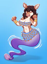 anthro blue_clothing brown_hair clothing digital_drawing_(artwork) digital_media_(artwork) female genie_tail hair hi_res potion simple_background sjevi solo surprised transformation transformation_potion