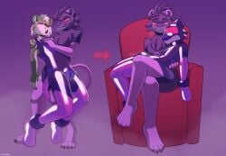 absurd_res anthro brainwashing branded chair chest_tuft claws collar cuff_(restraint) drone dronesuit dronification duo fangs felid fur furniture glowing glowing_eyes goo_transformation grin hi_res huge_filesize hypnosis male male/male mammal mind_control multi_eye musk null null_bulge on_lap pantherine permanent_smile prehistoric_species queenrupti restraints rupti saber-toothed_tiger sitting sitting_on_another sitting_on_lap smile spiral spiral_eyes teeth tiger transformation transformation_sequence tuft visor