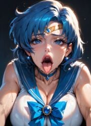 ai_generated ami_mizuno big_breasts big_lips bishoujo_senshi_sailor_moon blue_bow blue_eyes blue_hair blue_sailor_collar cleavage close-up close_up_view dripping_saliva drooling high_quality looking_at_viewer moonchild41 open_mouth pov sailor_mercury sailor_moon short_hair sweat tiara toei_animation tongue_out