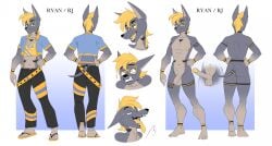 anthro areola belt blonde_hair blue_eyes bodily_fluids bottomwear canid canine canis clenched_teeth clothed clothing crop_top cum cumshot ejaculation erection eyewear fangs feet flip_flops flying_sweatdrops footwear foreskin front_and_back front_view genital_fluids genitals glasses hair hand_on_hip hands_on_hips hardtones heart_eyes heart_symbol hi_res humanoid_feet humanoid_genitalia humanoid_hands humanoid_penis jackal looking_pleasured male mammal markings midriff model_sheet navel nipples nude off/on open_mouth open_smile orgasm orgasm_face pants penis plantigrade rear_view rectangular_glasses rj_(toffeecream) sandals shirt shoes smile soles solo standing sweat sweatdrop sweaty_face tail teeth tongue tongue_out topwear