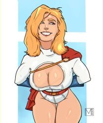 1girls big_breasts blonde_hair blue_eyes blue_gloves boob_window boobs boobs_focus breasts cape cleavage cleavage_cutout dc dc_comics female female_kryptonian female_only gloves hips hips_focus huge_breasts kara_zor-l karen_starr large_breasts leotard mavro_arts medium_hair pin_up power_girl power_girl_cosplay_pose_(missfaves) red_cape smile solo solo_female superman_(series) thick_thighs thighs white_leotard