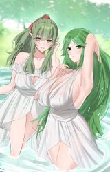 oyatsu_0 palutena kid_icarus kid_icarus_uprising tiki_(fire_emblem) tiki_(fire_emblem)_(adult) tiki_(adult)_(fire_emblem) fire_emblem fire_emblem_awakening company_connection skeb_commission green_hair green_eyes trait_connection 2girls bathing outdoors outside lake bathing_together bathing_outside bathing_in_lake goddess dragon pointy_ears wet water smile smiling_at_viewer smiling ponytail ribbon red_ribbon voluptuous voluptuous_female curvy curvy_female curvaceous curvaceous_female breasts breasts_bigger_than_head armpits thick_thighs thighs thigh_up long_hair very_long_hair blush flipped_hair shiny_skin light-skinned_female nintendo female female_only highres multiple_girls multiple_females looking_at_viewer dress white_dress summer_dress sideboob cleavage cleavage_window nipples nipple_slip crossover alternate_version_available