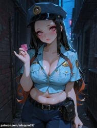 ai_generated arlequin097 nezuko_kamado kamado_nezuko demon_slayer kimetsu_no_yaiba 1girl solo long_hair breasts looking_at_viewer blush shirt large_breasts black_hair hat holding navel closed_mouth cleavage standing collarbone multicolored_hair short_sleeves outdoors cowboy_shot sweat collared_shirt pants belt hand_up midriff pink_eyes stomach orange_hair two-tone_hair uniform crop_top fingernails lips gradient_hair night blue_shirt night_sky blue_headwear forehead black_belt pocket condom pouch blue_pants condom_wrapper belt_pouch brick_wall police police_uniform policewoman police_hat holding_condom alley