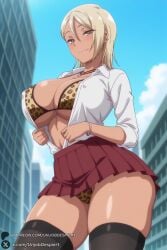 1girl leopard_print gyaru breasts solo jewelry blonde_hair animal_print skirt thighhighs underwear shirt necklace open_clothes earrings smile open_shirt panties pleated_skirt day bracelet large_breasts outdoors print_bra white_shirt kogal looking_at_viewer dark_skin thighs red_skirt dark-skinned_female sky bra cross school_uniform piercing long_hair brown_eyes thick_thighs black_thighhighs hair_between_eyes blush cross_necklace building cleavage patreon_username blue_sky closed_mouth city skyscraper collared_shirt covered_nipples bangs ear_piercing miniskirt uchi_no_otouto_maji_de_dekain_dakedo_mi_ni_konai? nagisa_(uchi_no_otouto_maji_de_dekain_dakedo_mi_ni_konai?) unjobdespiert ai_generated 1female curvy huge_breasts huge_ass big_breasts big_ass 1girls 2026 artist_name watermark hi_res highres high_quality high_resolution patreon