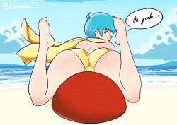 ass ass_focus beach blue_hair exercise_ball feet golden_bikini legs_apart legs_up pussy scarf shiny_skin snowwwy_(artist) solo_female suggestive text text_bubble