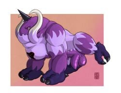 2026 absurd_res balls behemoth_(kingdom_hearts) border claws colored feral flaccid foreskin garo_(artist) genitals gradient_background heartless hi_res horn humanoid_genitalia kingdom_hearts line_art looking_at_viewer male muscular penis raised_leg shaded signature simple_background solo square_enix