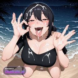 1girl ai_assisted ai_generated awaiting_cum beach black_crop_top black_shirt cum_in_hair cum_on_face cum_on_hands fellatio_gesture floral_background full_body kneeling naked night_background night_sky open_mouth oral_invitation outdoors smiling tongue_out view_from_above