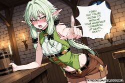 1girl ai_assisted ai_generated bare_arms black_belt black_bow blush brown_shorts drunk english_text fatest_squirrel female furrowed_brow goblin_slayer green_eyes green_hair hair_bow half-closed_eyes high_elf_archer_(goblin_slayer) looking_at_viewer low_ponytail multicolored_dress open_mouth pointing_at_viewer pointy_ears short_hair_with_long_locks sleeveless_dress small_breasts standing underbust upper_body