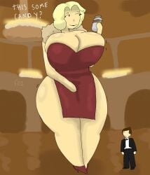 blonde_hair blonde_female giantess 1girls 1boy taller_female larger_female smaller_male big_breasts child_bearing_hips 2d 2d_(artwork) 50one hollie_all_american barely_contained_breasts overflowing_breasts dumb