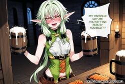 1girl ai_assisted ai_generated beer_mug black_belt black_bow blush brown_shorts drunk english_text fatest_squirrel female goblin_slayer green_eyes green_hair hair_bow half-closed_eyes high_elf_archer_(goblin_slayer) holding looking_at_viewer low_ponytail multicolored_dress open_mouth pointy_ears short_hair_with_long_locks sleeveless_dress small_breasts standing underbust upper_body v-shaped_eyebrows
