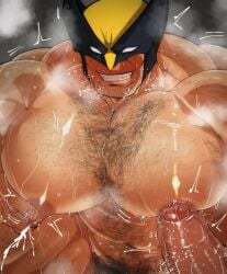 balls bara bara_tiddies bara_tits big_pecs blush body_hair boner erection facial_hair gay james_howlett kaeru333938123 lactation male male_lactation male_only marvel marvel_comics muscles muscular musk nude pecs penis sweat sweating wolverine_(x-men) x-men
