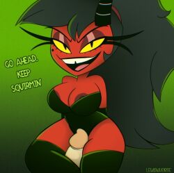 helluva_boss millie_(helluva_boss) lewdwhorse no_ai vivienne_style 2026 2020s fanart_from_twitter demon_girl demon black_hair penis thighjob thigh_job penis_between_thighs thighhighs legwear elbow_gloves black_legwear black_thighhighs black_gloves red_skin leotard strapless cleavage light_skin looking_at_viewer english_text dirty_talk nipple_slip black_leotard black_clothing big_hair large_hair big_breasts huge_breasts horn green_background female hellaverse_x_human_male squeezing_penis wide_hips curvy red-skinned_female red_body