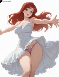 1girl 1girls ai_generated ariel_(the_little_mermaid) armpits blue_eyes breasts cleavage collarbone disney disney_princess frilled_dress happy head_tilt hi_res high_quality high_resolution highres legs legs_together light lips long_hair looking_at_viewer nose opal_nemy open_hand open_mouth panties patreon_logo patreon_url patreon_username pink_panties plain_background red_hair self_upload shadow shiny shiny_clothes shiny_hair shiny_skin simple_background solo standing sundress the_little_mermaid_(1989_film) thighs upper_teeth_only watermark white_background white_dress
