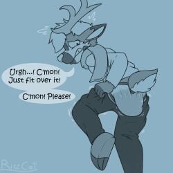 1:1 anthro antlers blue_background bottomwear briefs clenched_teeth clothing deer desperation embarrassed english_text feces feces_bulge feces_in_underwear hi_res horn male male_anthro male_pooping mammal nervous pants poop_desperation pooping ritzcat sagging_underwear scat scatplay scut_tail shirt short_tail simple_background soiled soiling soiling_briefs soiling_underwear solo tail teeth text topwear underwear