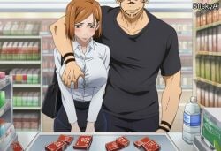 1boy 1girls ai_generated anime_coloring brown_hair cheating cheating_girlfriend dark female hotel_room indoors jjk jujutsu_kaisen kugisaki_nobara large_breasts male mature_female netorare night nobara_kugisaki ntr ryomen_sukuna ryoumen_sukuna_(jujutsu_kaisen) stickyai straight sukuna