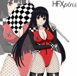 black_hair checkered_flag cleavage hfxpins jabami_yumeko kakegurui race_queen