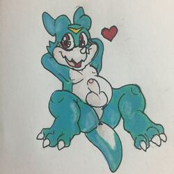 1boy animal_genitalia anthro anus balls celestial digimon hands_behind_head heart looking_at_viewer male male_only marker_(artwork) moobs nipples open_mouth penis penis_tip reclining scalie sheath slightly_chubby smile solo spread_legs spreading traditional_media_(artwork) uncut veemon