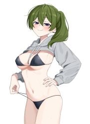 bikini black_bikini blush breasts cowboy_shot drawstring female green_hair grey_shrug half-closed_eyes hand_on_own_hip highres hikentai hooded_shrug kayuu_(hikentai0112) large_breasts long_sleeves navel purple_eyes purple_hair side_ponytail simple_background smile solo sousou_no_frieren standing swimsuit thighs ubel_(sousou_no_frieren) white_background