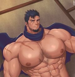 1boy abs bara beard biceps hairy_chest k_sen212 looking_at_viewer male male_nipples male_only manly mature_male muscular_male nipples pecs