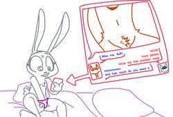 2016 anthro bed biting_lip canine chest_tuft dirty_talk disney english_text eyewear female flat_chest fox hat headgear inside judy_hopps lagomorph mammal masturbation monochrome necktie nick_wilde nude panties phone pillow pubes pubic_hair rabbit rough_sketch selfie sexting simple_background sitting sketch solo sunglasses sweat text the_weaver topless tuft underwear vaginal_masturbation white_background zootopia