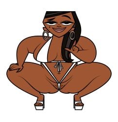 bbw bedroom_eyes black_body black_hair bush cartoon_network ebony high_heels jk94 large_breasts large_thighs leshawna_(tdi) looking_at_viewer posing posing_for_the_viewer total_drama_island