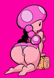 1girl 1girls ass big_ass blushing breasts cute feet female female_only jek_korpen looking_at_viewer looking_back mario_(series) mob_face mushroom_girl mushroom_humanoid nintendo panties pigtails pink_background question_block tagme thick_thighs thighs toadette