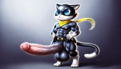 abs ai_generated anthro anthro_only belt big_eyes black_fur blue_eyes casual casual_erection casual_nudity cat_ears cat_tail cub cute cute_eyes detailed detailed_fur digitigrade erect_nipples erection gentleman hands_on_hips hyper hyper_balls hyper_penis morgana_(persona) muscular muscular_anthro muscular_arms muscular_male muscular_thighs nai_diffusion nude nude_anthro nude_male persona persona_5 pink_nose serious serious_look simple_background small_but_hung small_but_hyper socks_(marking) solo solo_male standing tool_belt veiny_penis veiny_testicles yellow_scarf young