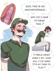 1boy comic comic_page dildo dildo_in_ass english english_text gay luigi moustache page_2 sex_toy sex_toy_in_ass sweat uncomfortable