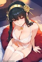 1girls ai_generated bare_arms bare_legs bare_shoulders bare_thighs bed big_breasts black_hair bons_ai bra clothed clothing color female female_focus female_only hi_res large_breasts light-skinned_female light_skin lingerie long_hair looking_at_viewer on_bed panties red_eyes solo solo_female spy_x_family tagme thick_thighs underwear yor_briar yor_forger