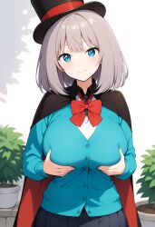 ai_generated arms_on_breasts blue_eyes blue_shirt bob_cut cape civitai cylinder grabbing_own_breast grey_hair silver_hair skirt smile tejina_senpai tejina_senpai_(character) tejina_senpai_(series)