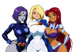 3girls ai_generated alien alien_girl athletic_female big_breasts blonde_hair blue_eyes blue_lipstick breasts cleavage curvy curvy_female dc dc_comics female female_only forehead_jewel gray_body green_eyes grey_skin hand_on_hip koriand'r kryptonian large_breasts leotard lipstick long_hair looking_at_viewer makeup midriff mullon multiple_girls narrow_waist novelai orange_skin power_girl purple_hair rachel_roth raven_(dc) red_hair shiny shiny_clothes short_hair smile starfire superheroine superman_(series) take_your_pick tamaranean thin_waist tight_clothing trio white_background