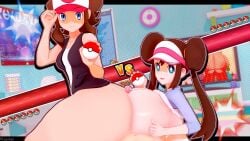 1boy 2girls 3d assjob big_ass big_breasts boobjob buttjob buttjob/paizuri cyshen hilda_(pokemon) huge_ass huge_breasts large_breasts nintendo paizuri pokemon pokemon_bw rosa_(pokemon) tagme thick_thighs titjob