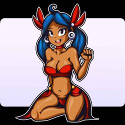 blue_eyeshadow blue_hair collar dark-skinned_female dark_skin happy on_knees one_hand_up open_mouth red_bra red_panties saifamelar shantae smile tagme wayforward