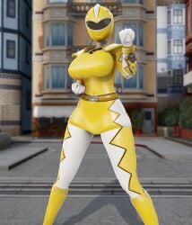 3d abare_yellow dezaab large_breasts power_rangers super_sentai superheroine thick_thighs yellow_ranger yellow_spandex