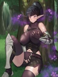 arisa_(kkamja) black_hair elf_ears erect_nipples erect_nipples_under_clothes femsub kkamja original plant tagme