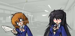 blush breasts button button_down_shirt button_pop buttons cleavage doki_doki_literature_club fill_feels hit_in_face inconvenient_breasts long_hair meme paper prototype_sayori_(doki_doki_literature_club!) prototype_yuri_(doki_doki_literature_club!)